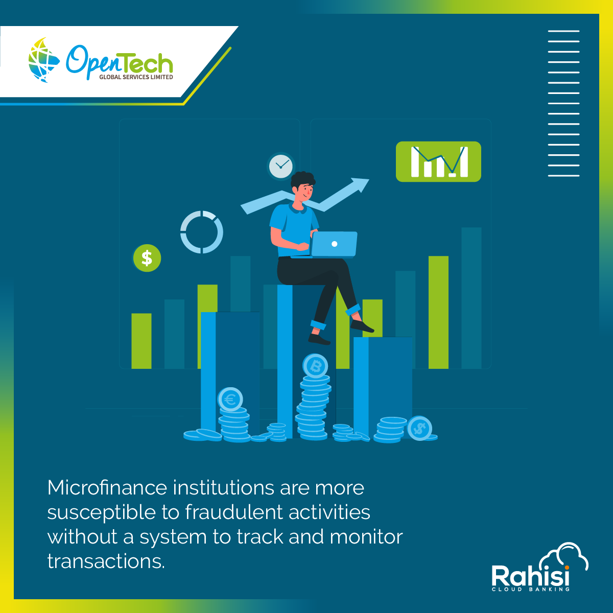opentech_global's tweet photo. Are loan defaults or fraud affecting your microfinance institution? Rahisi Cloud Banking helps you spot potential issues early, reduces human error, and streamlines operations for smarter lending decisions. 
#Microfinance #Fintech #CloudBanking #LoanManagement #SmartLending #MFI https://t.co/aVlVRaTuDY