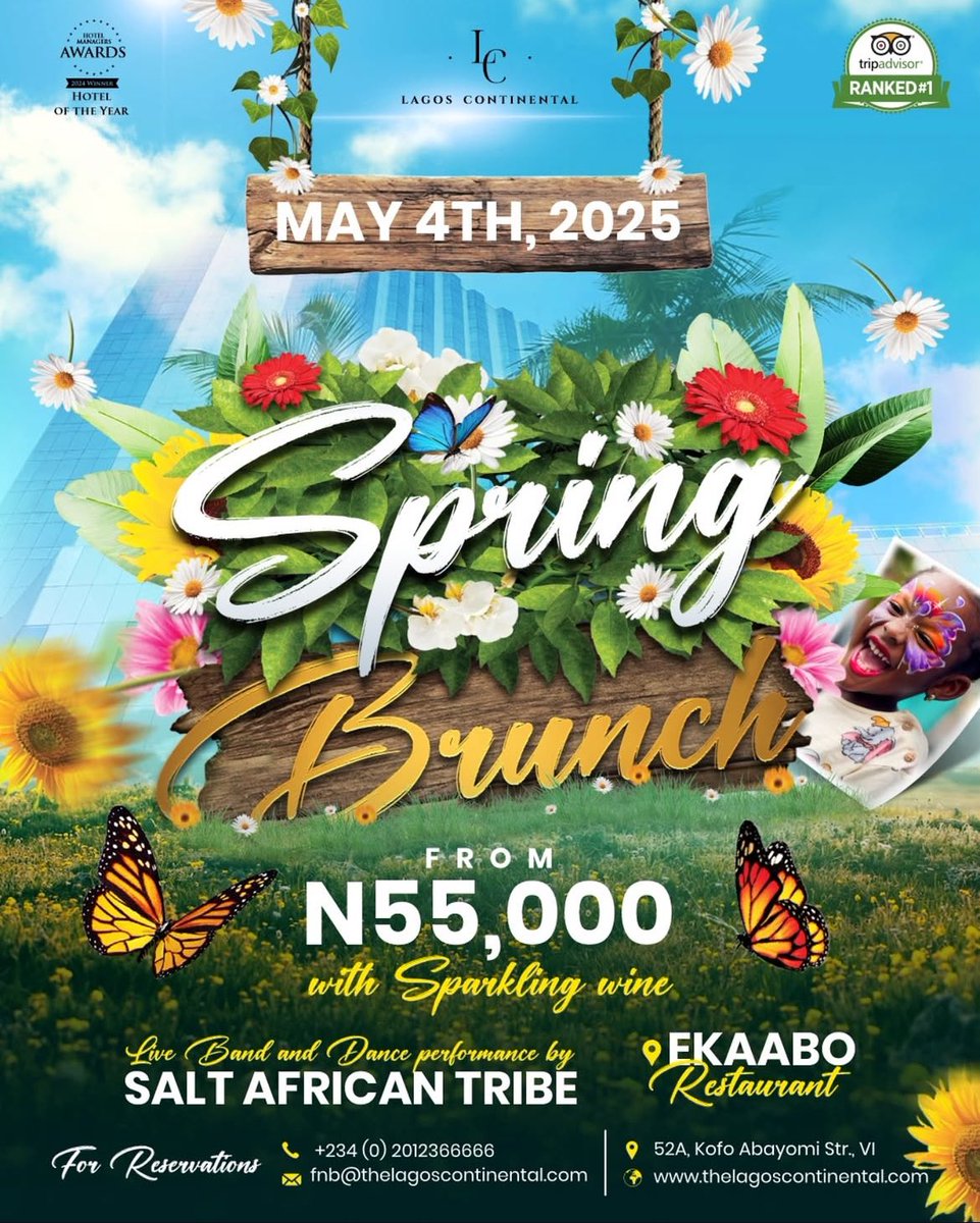 Lagos Continental (@thelchotel) on Twitter photo āSpring into flavor!
Join our Spring Brunch and experience;
- Blooming buffet spread
- Sweet treats on our ice cream cart
- Live entertainment thatāll get you moving
Book now and welcome spring in style!
Call: +234 (0)2012366666
Email: reservations@thelagoscontinental.com āSpring into flavor!
Join our Spring Brunch and experience;
- Blooming buffet spread
- Sweet treats on our ice cream cart
- Live entertainment thatāll get you moving
Book now and welcome spring in style!
Call: +234 (0)2012366666
Email: reservations@thelagoscontinental.com