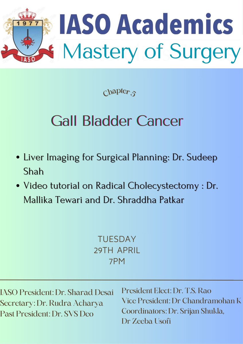 We are back today with an exciting video discussion on management of gall bladder cancer with excellent national faculty with profound experience I’m this field. 
Join us live via zoom : zoom.us/webinar/regist…