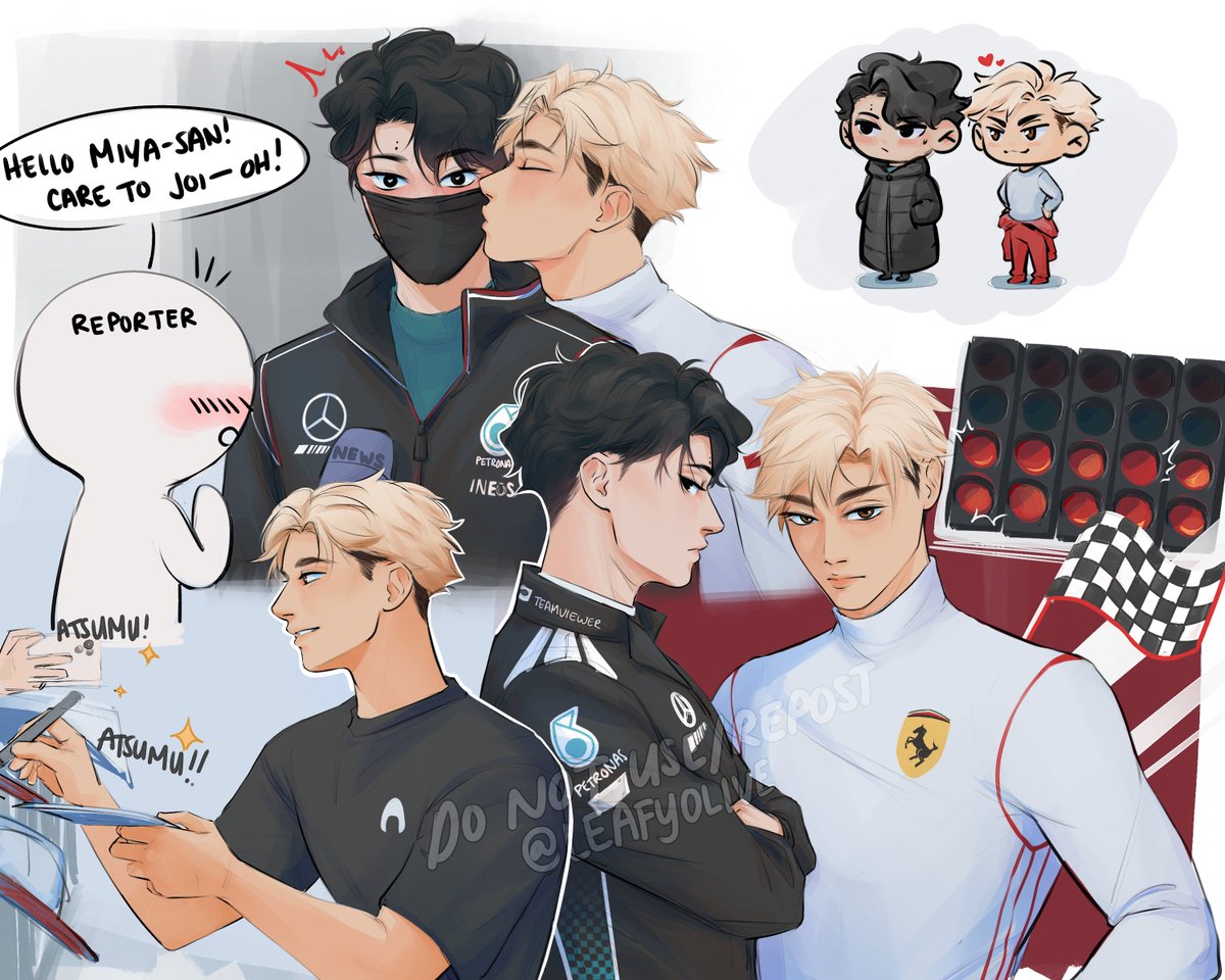 leafyolive's tweet image. media shy f1 driver sakusa and atsumu who loves to tease him 

#sakuatsu