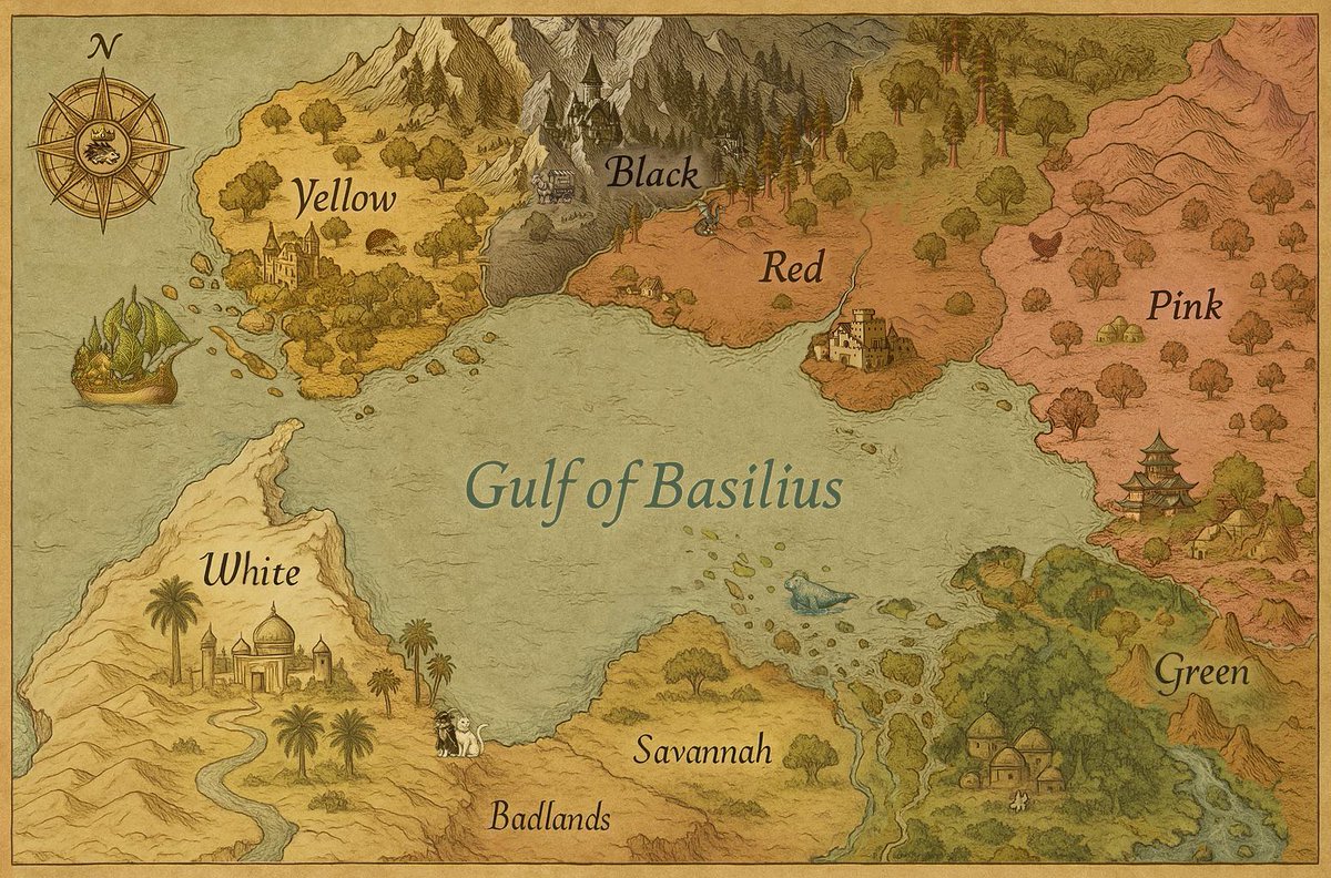 BasilWizard's tweet photo. 🗺Just finished #WorldBuilding a #FantasyMap.
For this, my process was
Hand draw it ➡️ ai prompt retexture ➡️ composite in photoshop ➡️ paint over top.
#FantasyWorld
#ImaginaryMaps
#FantasyArt
#ConceptArt
#DigitalArt
#NarrativeArt
#FantasyArtwork
#Fantasy #Lore https://t.co/xqj71jc20n