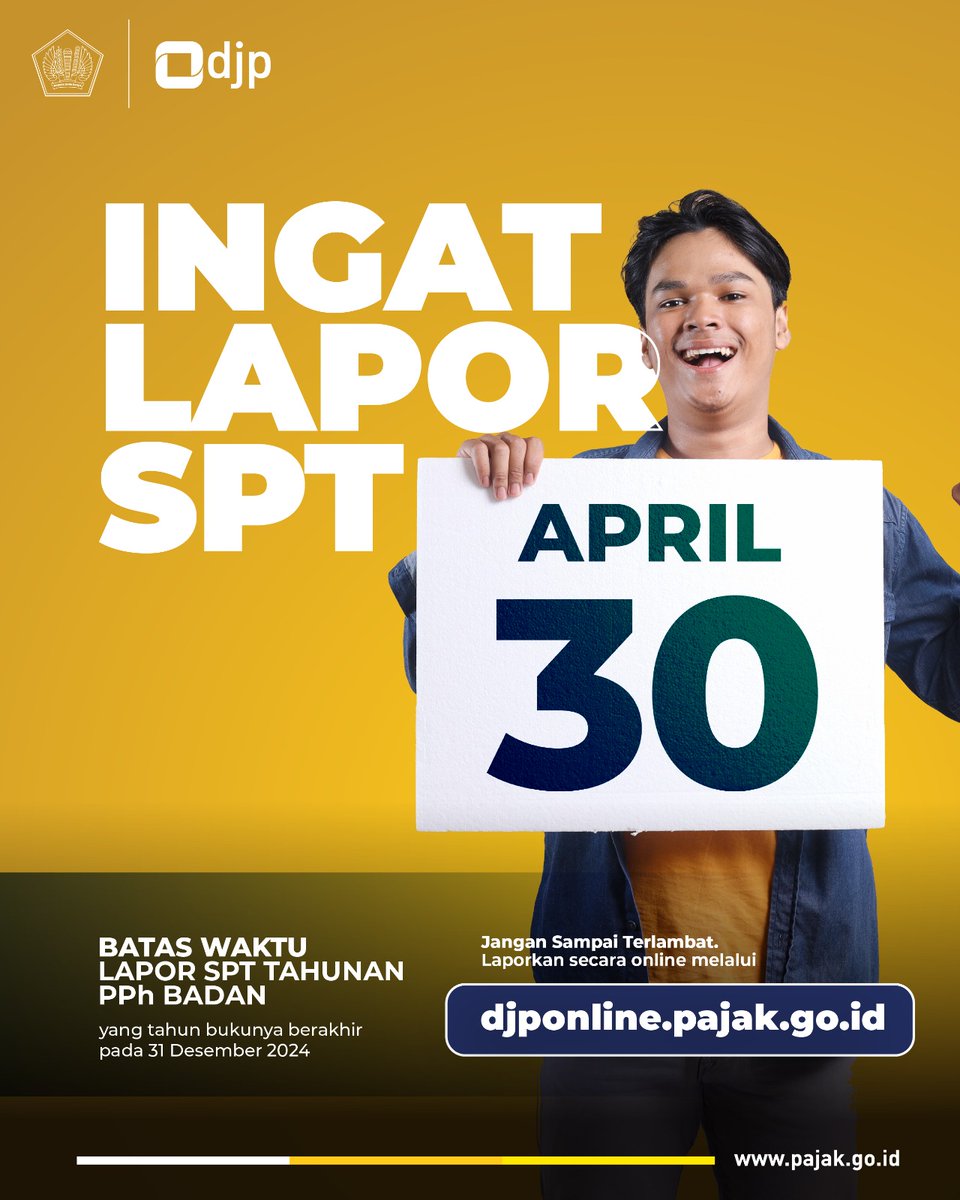 DitjenPajakRI's tweet photo. #KawanPajak! Bagi Wajib Pajak Badan dengan tahun buku yang berakhir pada 31 Desember 2024, jangan lupa lapor SPT Tahunan PPh Badan sebelum 30 April 2025!
Selain itu, batas akhir pelaporan SPT Masa untuk masa pajak Maret 2025 juga jatuh pada tanggal yang sama, yaitu 30 April 2025, melalui aplikasi Coretax DJP.
Lapor hari ini, lapornya di sini
https://t.co/jnNCWhBCfV