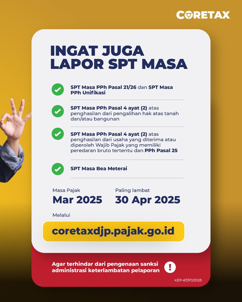 #KawanPajak! Bagi Wajib Pajak Badan dengan tahun buku yang berakhir pada 31 Desember 2024, jangan lupa lapor SPT Tahunan PPh Badan sebelum 30 April 2025!
Selain itu, batas akhir pelaporan SPT Masa untuk masa pajak Maret 2025 juga jatuh pada tanggal yang sama, yaitu 30 April 2025,
