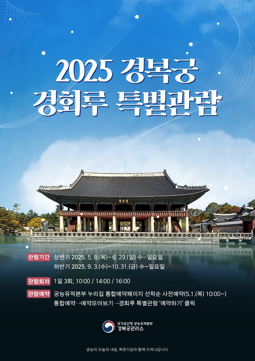 <📌2025 경복궁 경회루 특별관람 안내📌>

ㅇ 기간: 2025. 5. 8.(목) ~ 10. 31.(금) 수~일
※ 법정공휴일, 7~8월 , 가을 축전기간 미운영
ㅇ 시간: 1일 3회(10시, 14시, 16시), 회당 약 40분
ㅇ 요금: 무료(입장료 3,000원 별도)
ㅇ 예매: 궁능유적본부 누리집 사전 예약
royal.khs.go.kr/ROYAL/contents…