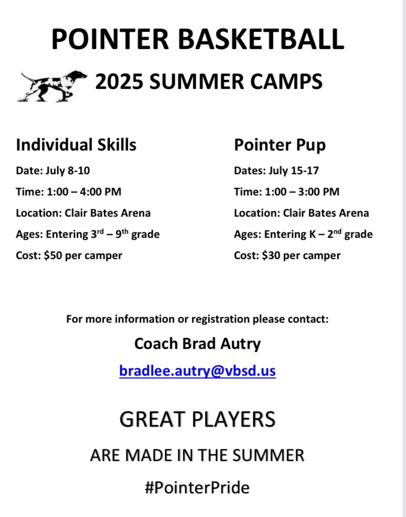 Pointer Basketball (@pointerbball) on Twitter photo POINTER BASKETBALL CAMPS
Individual Skills Camp
July 8 - 10
Registration link:
forms.gle/sFUWuRqCh2Eg56…
Pointer Pup Camp
July 15 - 17
Registration link:
forms.gle/84J7urNiiZovVw…
For more information contact:
Brad Autry
bradlee.autry@vbsd.us
#Pointers POINTER BASKETBALL CAMPS
Individual Skills Camp
July 8 - 10
Registration link:
forms.gle/sFUWuRqCh2Eg56…
Pointer Pup Camp
July 15 - 17
Registration link:
forms.gle/84J7urNiiZovVw…
For more information contact:
Brad Autry
bradlee.autry@vbsd.us
#Pointers