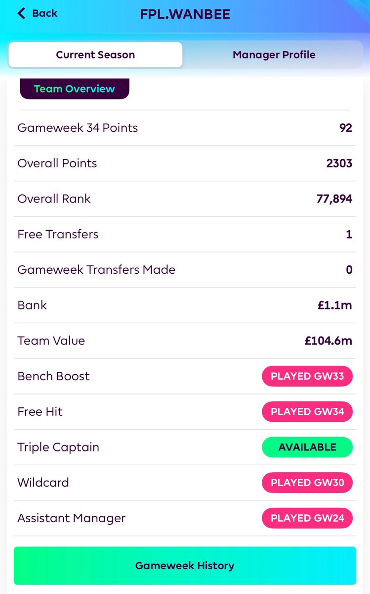 fplwanbee's tweet photo. GW34 scores popping off for top 100k!
How’s your points looking?
#FPL #GW34 #FPLCommunity #FantasyPL #Top100k #FPLLife https://t.co/F5zlJgsX8h