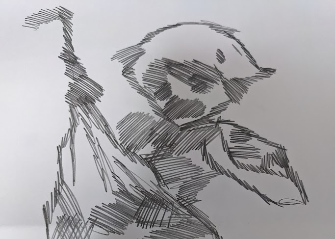 イベント関係なくご依頼いただいたコミッションの制作過程です。六道美久・モノクロ・全身。リクエストありがとうございます!①ラフを仕上げます②拡大コピーしたものを裏からシャーペンで塗りつぶし③ボールペンでなぞって色紙に転写します 