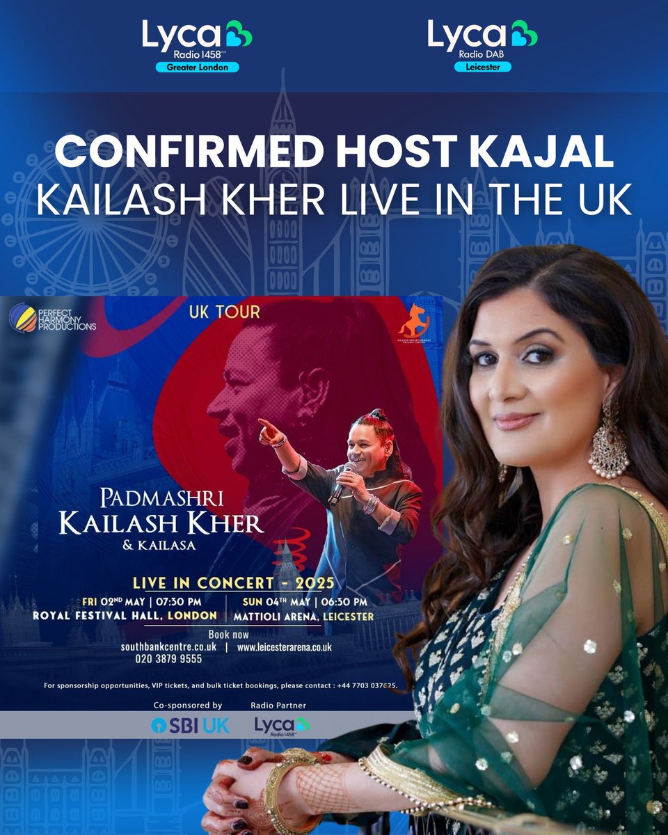 Lyca Radio (@lycaradio1458) on Twitter photo KAJAL is the confirmed host for Padmashri Kailash Kherβs much awaited UK tour in London & Leicester this May.
β‘οΈ Friday 2nd May at South Bank Centre, London
β‘οΈ Sunday 4th May at Mattioli Arena, Leicester
#LycaGroup #LycaRadio #LondonEvent #kailasa #livemusic
<a href="/Kailashkher/">Kailash Kher</a> KAJAL is the confirmed host for Padmashri Kailash Kherβs much awaited UK tour in London & Leicester this May.
β‘οΈ Friday 2nd May at South Bank Centre, London
β‘οΈ Sunday 4th May at Mattioli Arena, Leicester
#LycaGroup #LycaRadio #LondonEvent #kailasa #livemusic
<a href="/Kailashkher/">Kailash Kher</a>