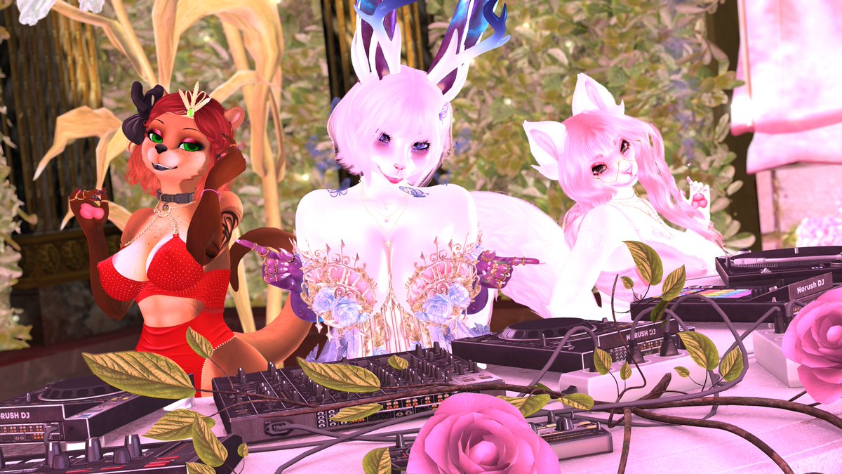 Last one for <a href="/ThatFancyHorse1/">The Golden Stallion 🟦</a> 's Farmer Fund Gala event! Featuring <a href="/SomeRandomBelle/">Belle 🦦✨</a> , <a href="/SLNebula/">Nebula °‧★</a> , and <a href="/KwalaMeow/">Kwala</a> behind the DJ booth lookin all pretty!