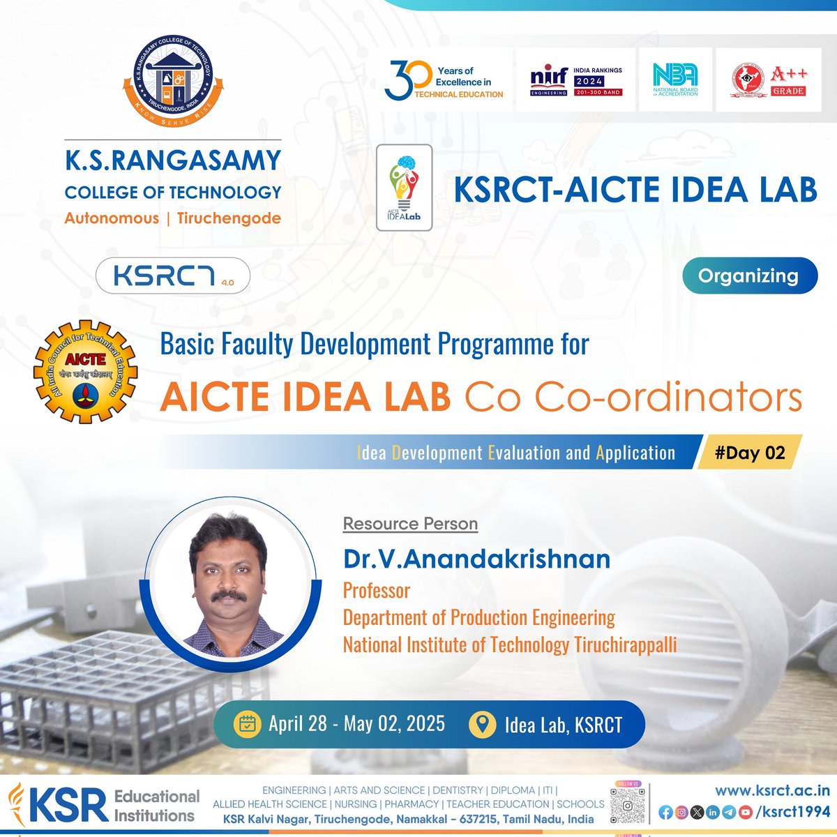 ksrct1994's tweet photo. KSRCT-AICTE IDEA LAB at KSRCT organizing Basic Faculty Development Programme for AICTE IDEA LAB Co-coordinators from April 28 - May 02, 2025 (Batch-2) Day 02 @ Idea Lab, KSRCT
#ksrct1994 #AICTE #IdeaLab #FDP #Innovations #Ideas #IdeaDevelopment #Evaluation #Application https://t.co/tXnvpJF9xU