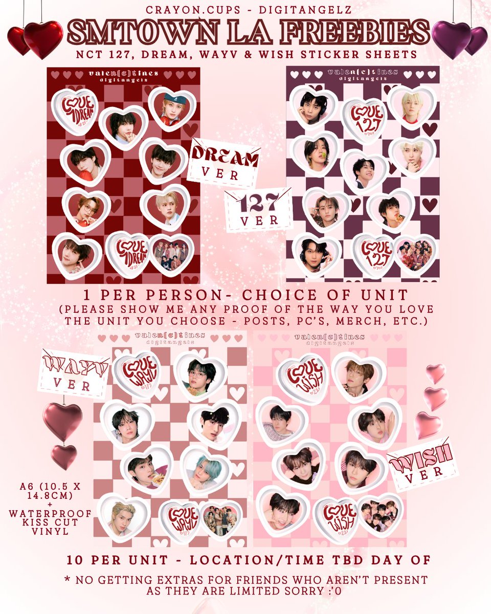 smtown la freebies! ⋆˙⟡♡

valentine nct sticker sheets - 127, dream, wayv, wish
(10/unit)

1 per person w. choice of unit! 
- pls show proof of the way you love the unit you choose (posts, pc's, merch, etc) bc i love seeing love for the neos ♡

location + time tba day of! ◡̈