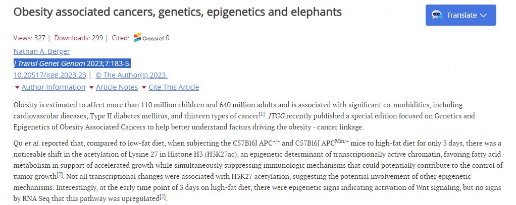 🎉Article Alert: Obesity associated cancers, genetics, epigenetics and elephants
 #Obesity

💪 Obesity is estimated to affect more than 110 million children and 640 million adults and is associated with significant co-morbidities.         

👉Read more: 
f.oaes.cc/xmlpdf/5f88aa5…