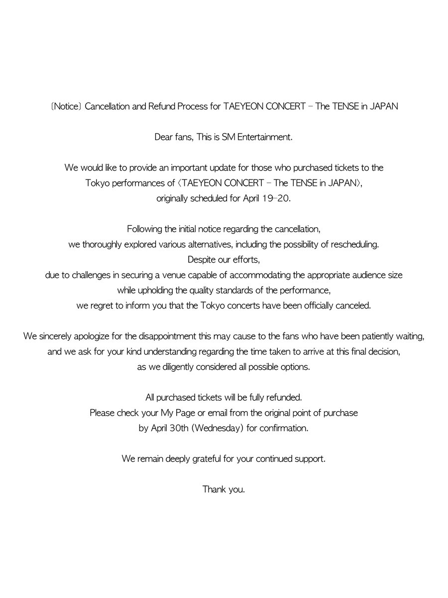 [안내] TAEYEON CONCERT - The TENSE in JAPAN 공연 취소 및 환불에 관한 안내
