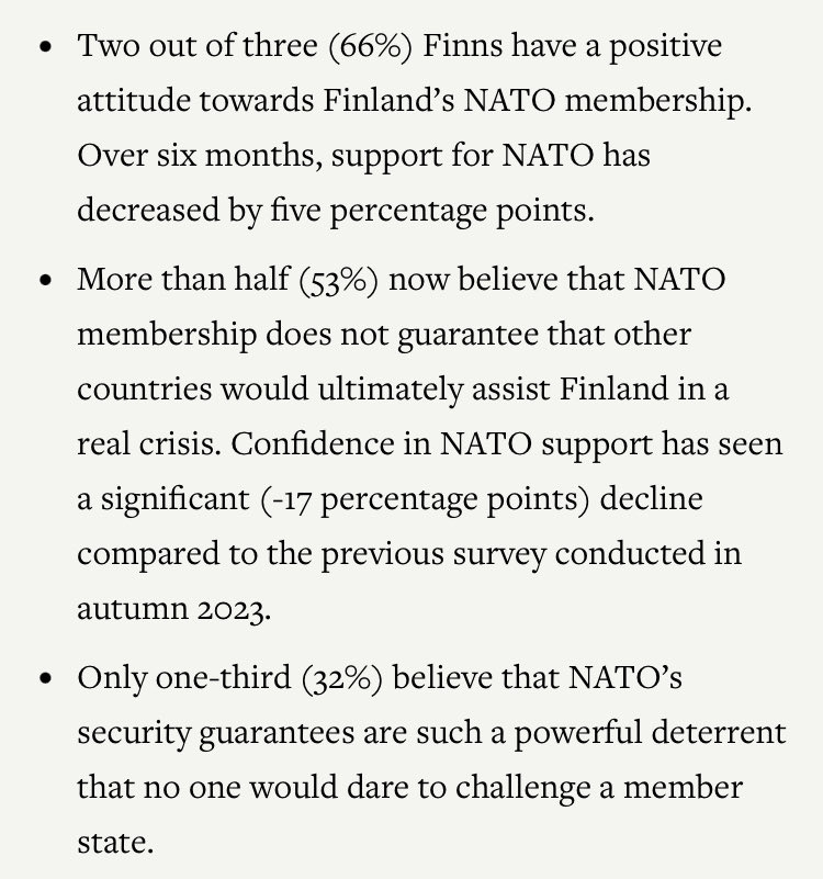 1/ The people of Finland firmly support the 🇫🇮 NATO membership &amp; consider it beneficial, but the level of confidence is eroding.

”Only one-third (32%) believe that NATO’s security guarantees are such a powerful deterrent that no one would dare to challenge a member state.”