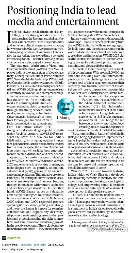 Sharing article "Positioning India to Lead Media and Entertainment" by Union Minister @Murugan_MoS in <a href="/htTweets/">Hindustan Times</a>.
<a href="/MIB_India/">Ministry of Information and Broadcasting</a> <a href="/nfdcindia/">NFDC India</a> <a href="/PIB_India/">PIB India</a>
<a href="/WAVESummitIndia/">WAVES India</a> <a href="/DDNewslive/">DD News</a>