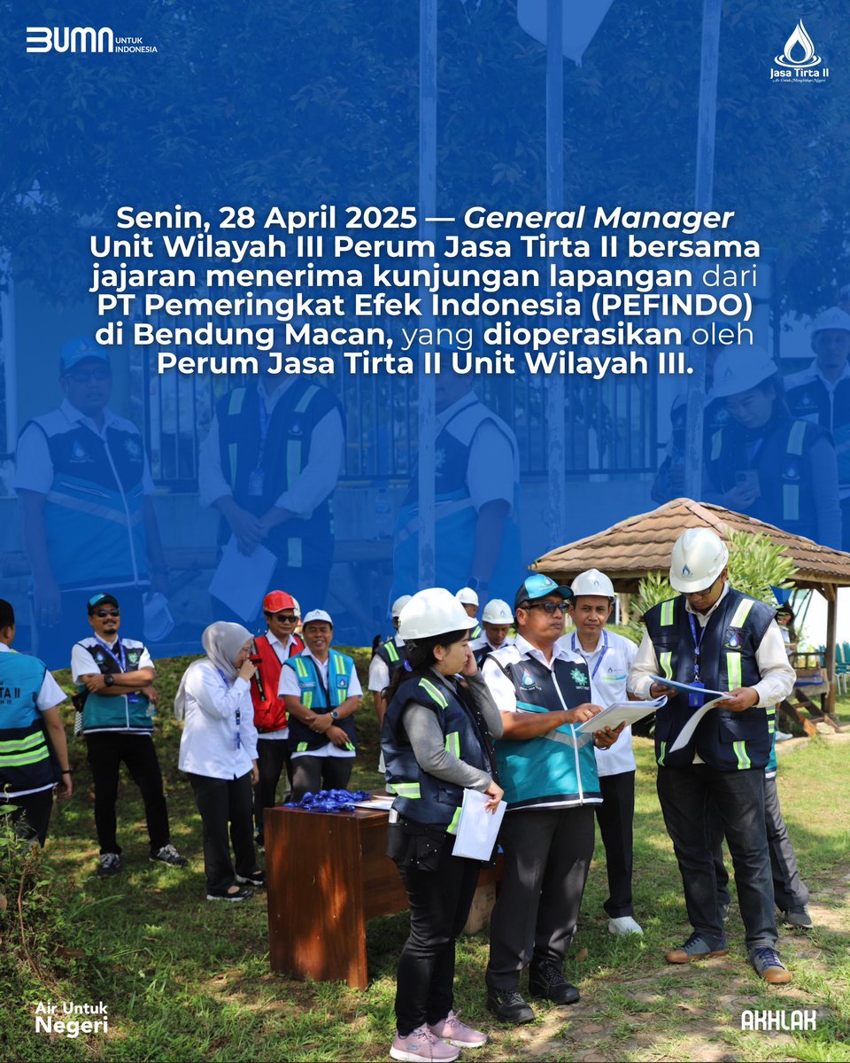 jasatirta_2's tweet photo. Senin, 28 April 2025 — General Manager Unit Wilayah III bersama jajaran menerima kunjungan lapangan dari PT Pemeringkat Efek Indonesia (PEFINDO) di Bendung Macan, yang dioperasikan oleh Perum Jasa Tirta II Unit Wilayah III.
#JasaTirta2 #SiteVisit #PEFINDO #BendungMacan https://t.co/YeZBNmEgdi