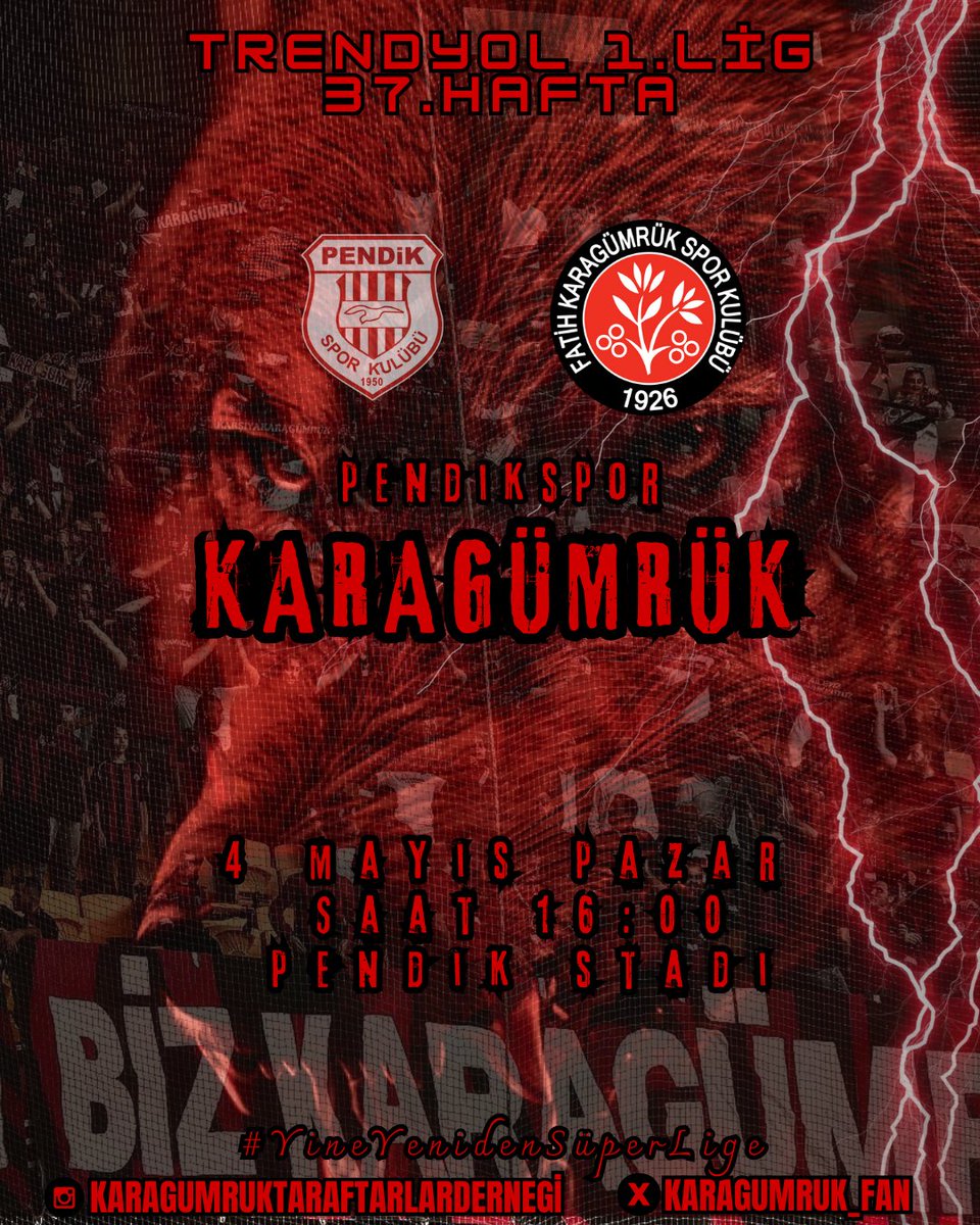 🏆 1. Ligde 37. Hafta
🆚 Pendikspor - Karagümrük 
🗓️ 4 Mayıs Pazar
🕣 16:00 
🏟️ Pendik Stadı
📢 #YineYenidenSüperLige