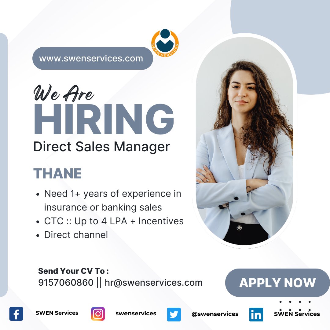 Swenservices's tweet photo. Position :: Direct Sales Manager
Location :: Thane
CTC :: Up to 4 LPA + Incentives + Fasttrack Promotion
Full time - On roll position
Direct channel sales
Call or share your resume on 9157060860 for more details.
#hiring #hiringalert #directchannel #channelsales #insurance https://t.co/KPZjIgyYG7