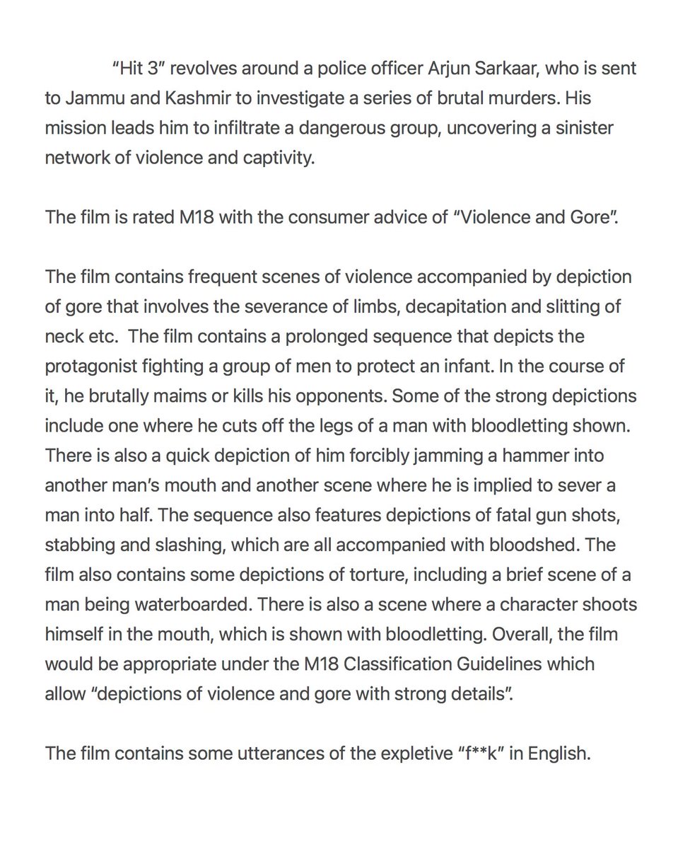 #Hit3 / #HitTheThirdCase clears Singapore 🇸🇬 censors with an M18 Rating 
Rated - M18 (NO ONE UNDER 18 ALLOWED) 
Runtime - 2hrs 30 minutes (150 mins) 
Consumer advice - Violence &amp; Gore 

In cinemas May 1st 2025