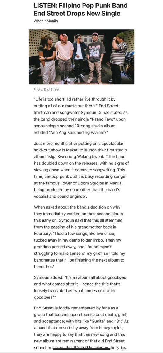 Kumusta kayo? Daming nating milestones these past few days - isa na dito ang mapansin ni When In Manila 🔥

Sinwerte kaming magka spot sa kanila - at

Read the full article HERE 👇 
wheninmanila.com/end-street-new…