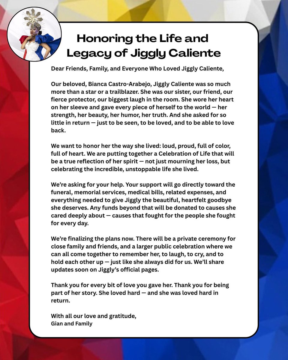 WorldOfWonder's tweet photo. To honor Jiggly Caliente’s life and legacy, her family has created a GoFundMe supporting her Celebration of Life and memorial services ❤️

Any extra funds will be donated to causes she cared deeply about, supporting those she fought for every day.

Donate: https://t.co/22zIm7S7ab https://t.co/pdBpdBn81u