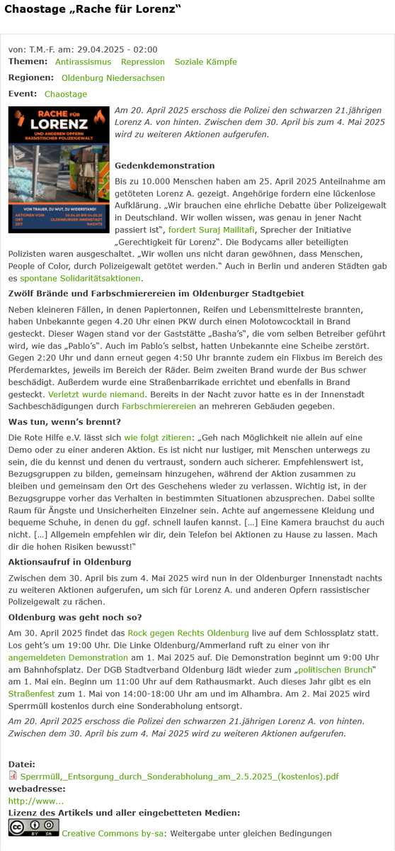 datawrangler2's tweet photo. [*#Chaostage „Rache für Lorenz“]
.
"Zwischen 30.04.– 4. Mai 2025 wird nun in der
Oldenburger Innenstadt #nachts zu weiteren
Aktionen aufgerufen, um sich für Lorenz A. &amp;
anderen Opfern rassistischer Polizeigewalt zu rächen"
Indymedia:T.M.-F.-29.04.25-02:00
©https://t.co/tcK30K28yr https://t.co/SKlZ2ZwEh6