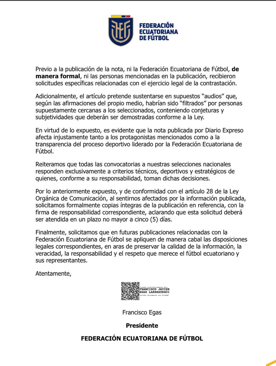 VARLINE_EC's tweet photo. COMUNICADO DE LA FEF🇪🇨🚨

La Federación Ecuatoriana de Futbol mediante su presidente Francisco Egas, se comunicó respecto a la publicación de un medio respecto a cómo supuestamente manejan las convocatorias de La Selección.

#UltimaHora #FEF #LaTri https://t.co/hkgO2kqbki
