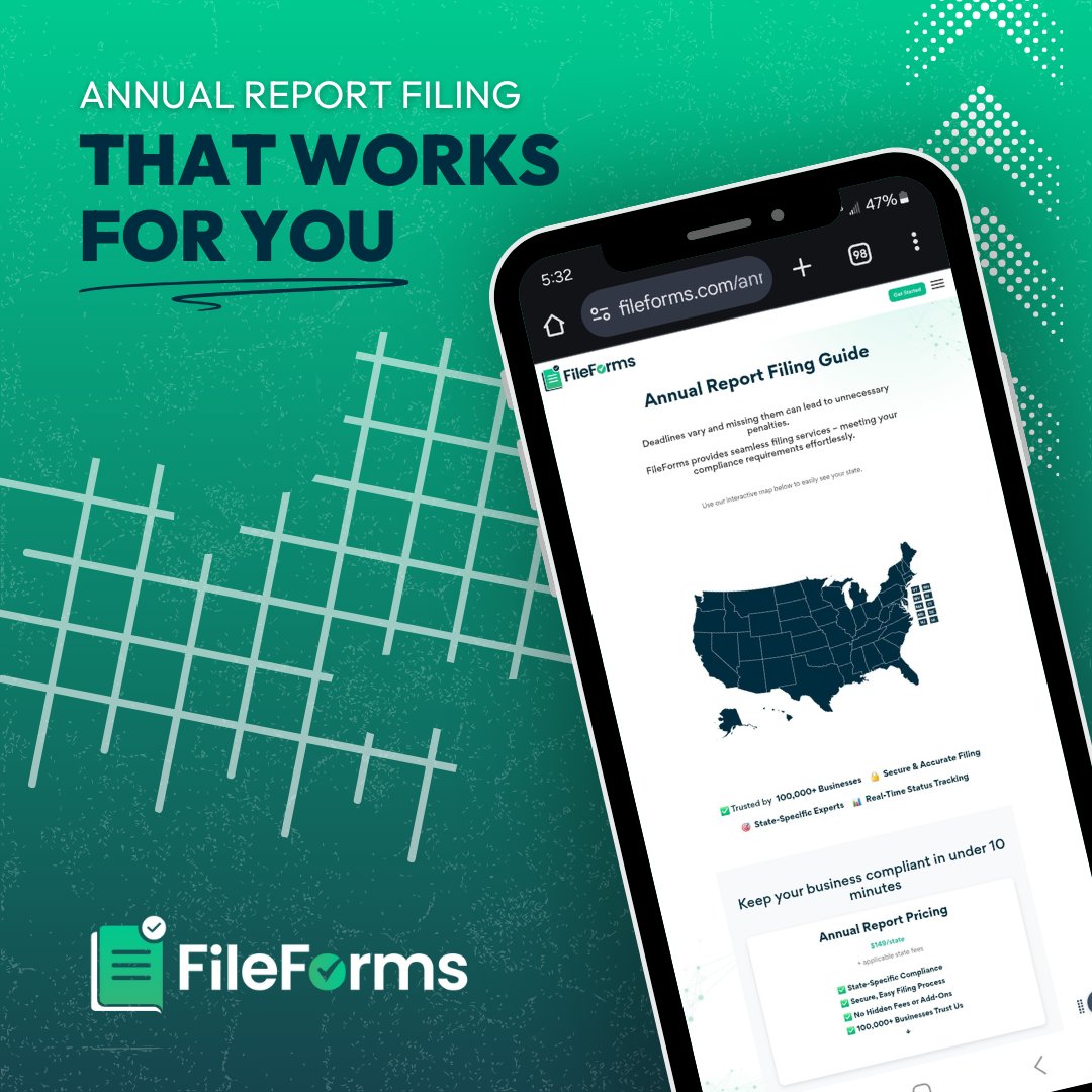 Don't risk your business standing! 📊 Stay compliant with automated annual report filing across all 50 states. FileForms makes it simple to track deadlines and submit accurate reports on time. hubs.ly/Q03k9T7W0