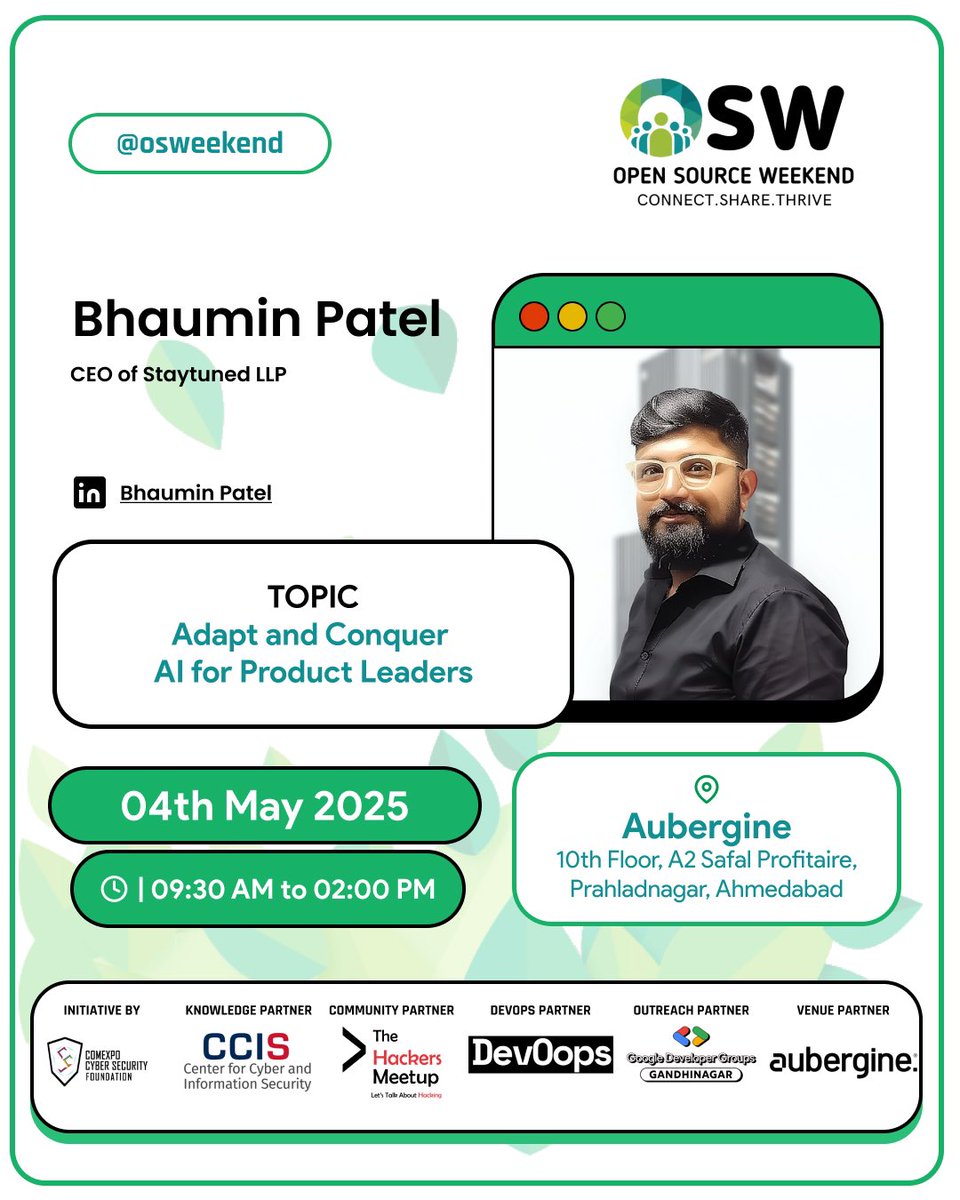 Open Source Weekend (@osweekend) on Twitter photo "Product Collective Community Meetup" is Talk series to connect dynamic people from community where product managers, designers, founders
🗓️04/05/2025
⏰09.30 AM to 02.00 PM
📍<a href="/auberginetweets/">Aubergine Solutions</a> ,Ahmedabad
Register now: lu.ma/7x6rq275
#ProductMeetup "Product Collective Community Meetup" is Talk series to connect dynamic people from community where product managers, designers, founders
🗓️04/05/2025
⏰09.30 AM to 02.00 PM
📍<a href="/auberginetweets/">Aubergine Solutions</a> ,Ahmedabad
Register now: lu.ma/7x6rq275
#ProductMeetup