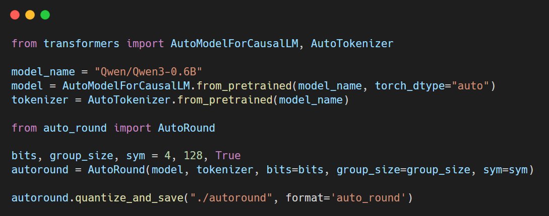 HaihaoShen's tweet image. 🔥AutoRound supports day0 Qwen3 launch! Check out the sample code from github.com/intel/auto-rou…. Now you can get the best INT4/3 Qwen3 models using AutoRound.
