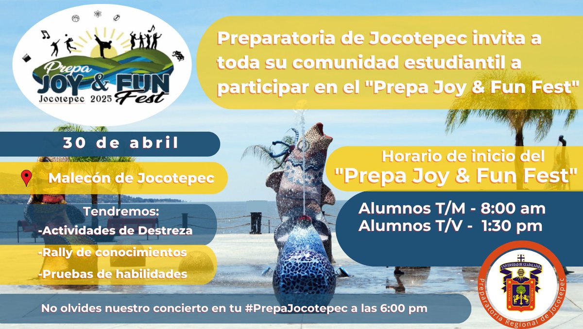 PrepaJocotepec's tweet photo. La #PrepaJocotepec invita a toda su comunidad estudiantil a participar en el "Prepa Joy &amp; Fun Fest" a realizarse en el Malecón de Jocotepec el próximo miércoles 30 de abril 🦁🤩💦

#VidaSaludableSEMS  #UdeG #ComunidadUdeG 
#PrepasUDG #Jocotepec #ComunidadUdeG #SomosUdeG https://t.co/mRHBmXVj3B