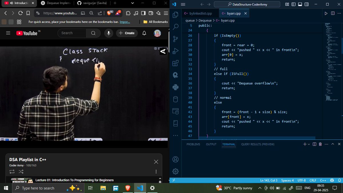 savita_gurjar30's tweet image. ✅ Completed 100 Lectures!
📚 DSA in C++ – Coder Army
Learning step by step, from Stack to Dequeue.
Still 63 lectures to go, but I'm proud of this progress.
#CoderArmy #100LecturesDone #DSAinCPP #LearningJourney