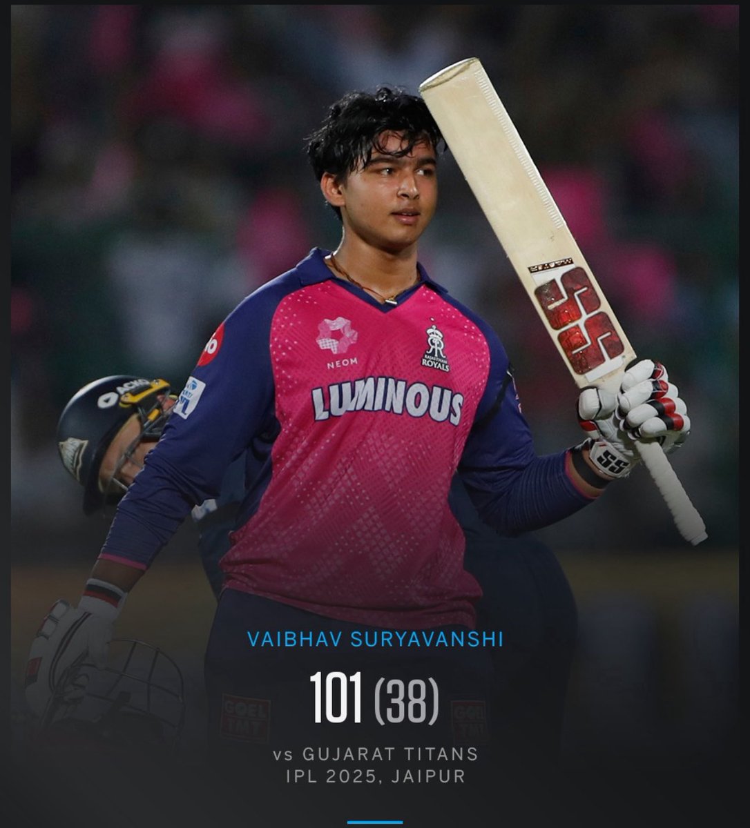an1825's tweet photo. Wow !!!  Vaibhav Sooryavanshi. What an incredible talent 🔥 Such a thrill to watch a stunning 35 ball century by this 14year old. This year IPL is lit ! The future of Indian cricket is bright. #Century #RRvGT #IPL2025
#VaibhavSooryavanshi https://t.co/iurt3qSK4U