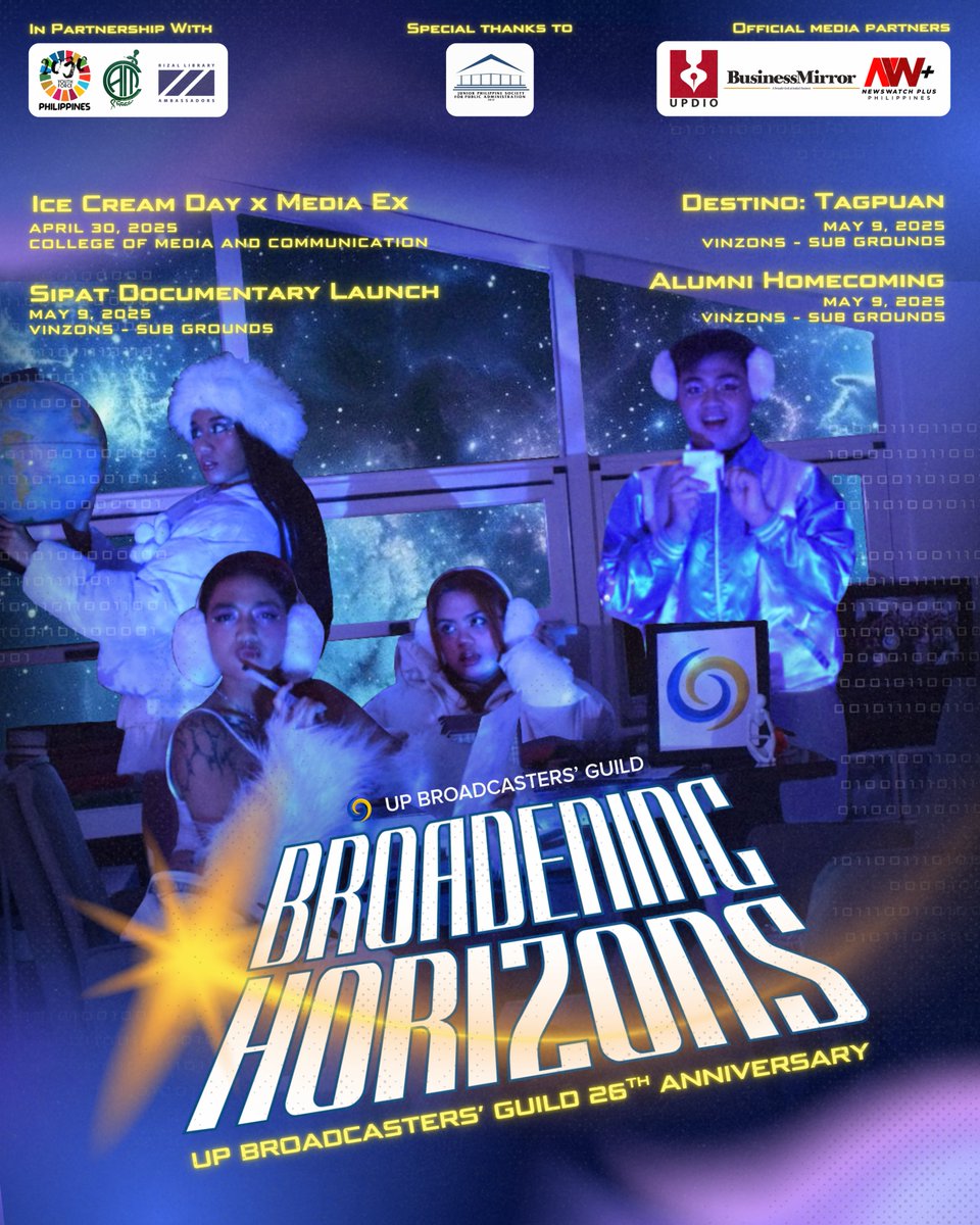 🚀To Infinity And Beyond!🚀

Watch Out! ⚠️ Incoming: UP Broadguild’s Anniversary Month! Whether you’re from another org or another planet 👽 join our guilders for our otherworldly events 🪐

#UPBroadGuild26