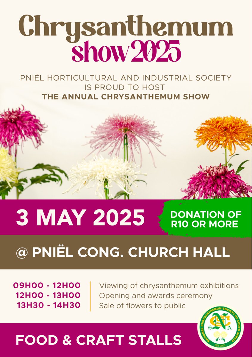 This Sat , 3 May 2025, the National Chrysanthemum Show lights up the Pniël Congregational Church Hall!🌸🌼

#stellenbosch #visitstellenbosch #ChrysanthemumShow #DwarsrivierValley #BloomAndCelebrate #DiscoverDwarsrivier #Pniël #FlowerFestival #Chrysanthemums #chrysanthemum