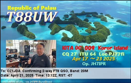 OZ1JDA's tweet photo. Top eQSL T88UW, Palau #EQSL #HamRadio #DX https://t.co/IHhWyGHlTw