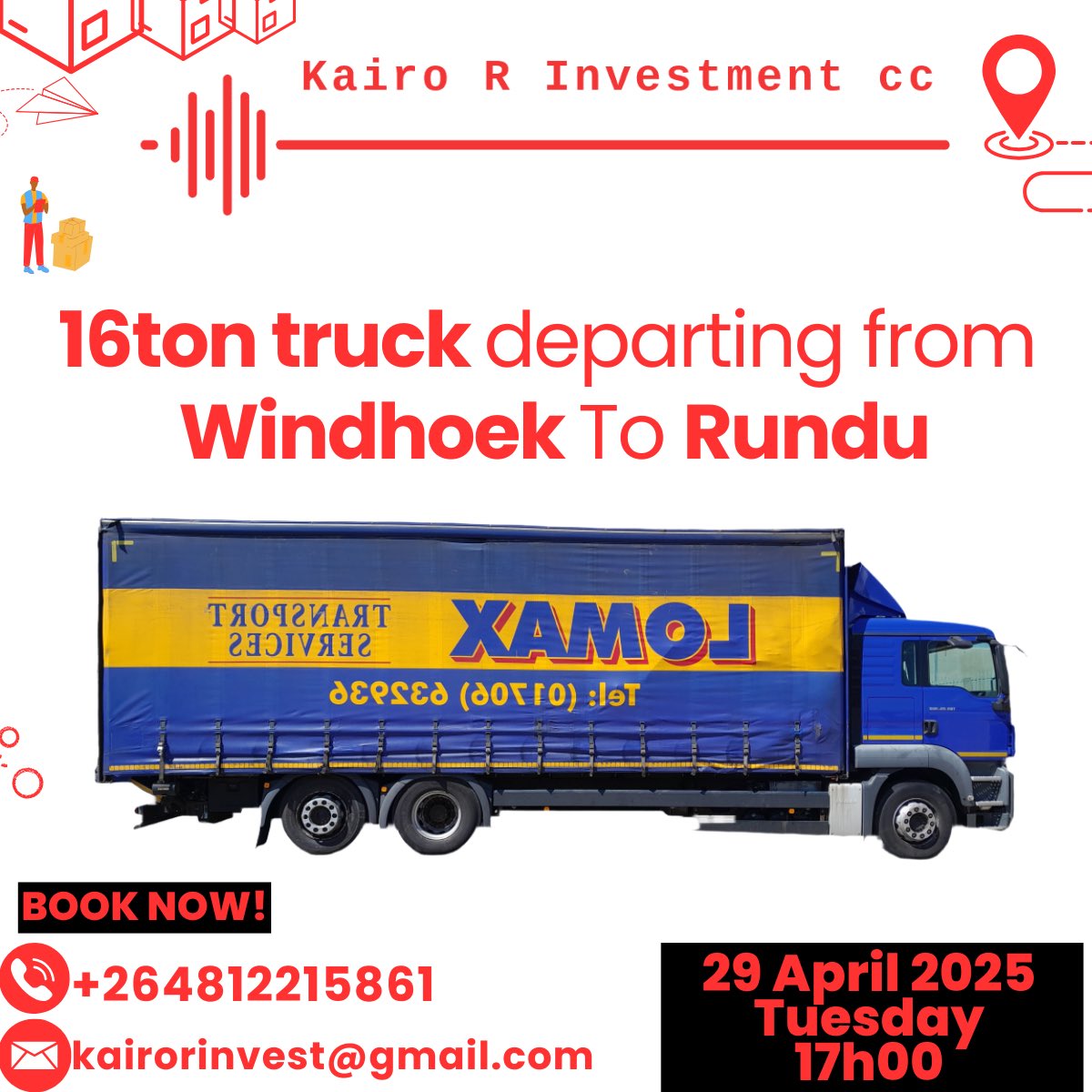 kairo_r_invest's tweet photo. For all logistics bookings and to send any commodities, please contact us via:  
Call/WhatsApp: +264 81 22 15861
Email: kairorinvest@gmail.com https://t.co/Ab6bXqyozt
