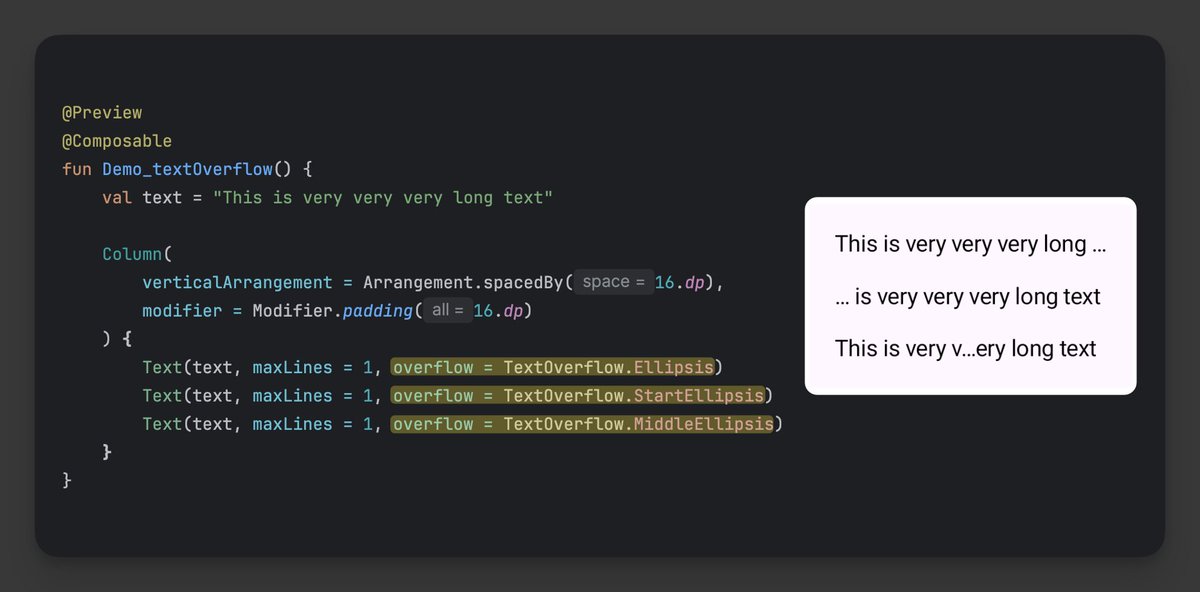 Starting with Jetpack Compose 1.8.0, you have access to additional text overflow options. Here are the available options:

• Ellipsis
• StartEllipsis
• MiddleEllipsis