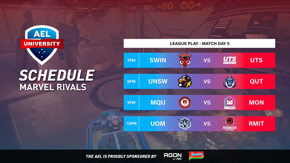 Australian Esports League (@auesportsleague) on Twitter photo After a short holiday break, we're back with more AEL University Elite Series - featuring Marvel Rivals!
π΄ Live from 6:45PM AEST
πΊ twitch.tv/auesportsleague
ποΈ <a href="/Mattse123/">MattSe</a> & <a href="/Racquetz/">Racquet</a>
πΉοΈ <a href="/TwoTapTony/">Tony</a>
π¬ <a href="/BkWhatOCE/">Bk</a>
Match Schedule
7PM <a href="/SwinEsports/">Swinburne Esports</a> vs <a href="/UTSEsports/">UTS Esports</a>
8PM <a href="/UNSW_ESports/">UNSW ESports Club</a> After a short holiday break, we're back with more AEL University Elite Series - featuring Marvel Rivals!
π΄ Live from 6:45PM AEST
πΊ twitch.tv/auesportsleague
ποΈ <a href="/Mattse123/">MattSe</a> & <a href="/Racquetz/">Racquet</a>
πΉοΈ <a href="/TwoTapTony/">Tony</a>
π¬ <a href="/BkWhatOCE/">Bk</a>
Match Schedule
7PM <a href="/SwinEsports/">Swinburne Esports</a> vs <a href="/UTSEsports/">UTS Esports</a>
8PM <a href="/UNSW_ESports/">UNSW ESports Club</a>