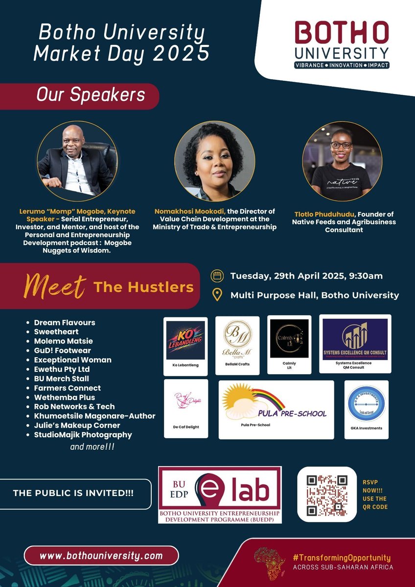 #BothoUniversityBotswana

🎉 IT’S TODAY! 🎉 
The Botho University Market Day 2025 is here! 🚀✨
Join us at the Multi-Purpose Hall from 9:30 AM and experience innovation, creativity, and entrepreneurship in action!

Meet our amazing student entrepreneurs, explore unique stalls, an