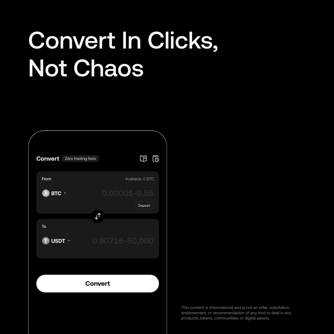 okx's tweet image. No need to be so … extra.

With OKX Convert, you can easily swap tokens with: 

✅ Zero trading fees 
✅ No slippage 
✅ 1,000+ pairs at your fingertips