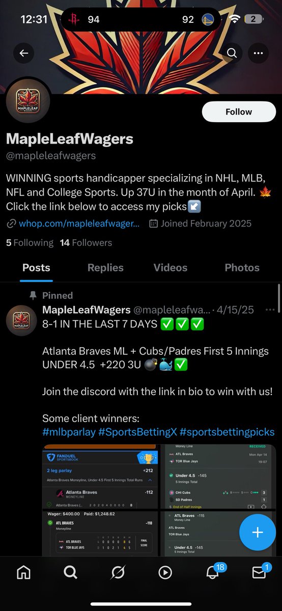 barnyardlocks's tweet image. BIGGEST SCAMMER ON X!! THIS GUY SUCKS AND ONLY POSTS HIS WINNERS! HE WAS IN ANOTHER DISCORD WITH ME AND LOST 1000s EVERYDAY🚨🚨🚨
DON’T PAY FOR THIS DOG SHIT #mapleleafwagers #gamblingX #GamblingTwitter #GamblingCommunity #SCAMMER #loser @mapleleafwagers