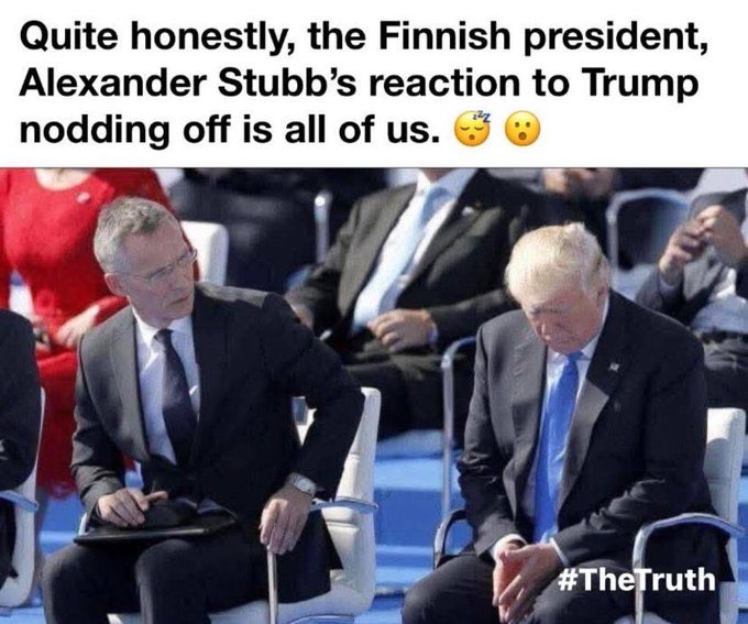 #Resist #CombatTrumpism #WinTheVote26 #VoteBlue #wtpBLUE WE THE PEOPLE wtp2705
 
Finnish President Alexander Stubbis is all of us in recoiling from Trump’s disgraceful behavior. Our national embarrassment flew to Italy to attend the funeral of Pope Francis and he fell asleep. No