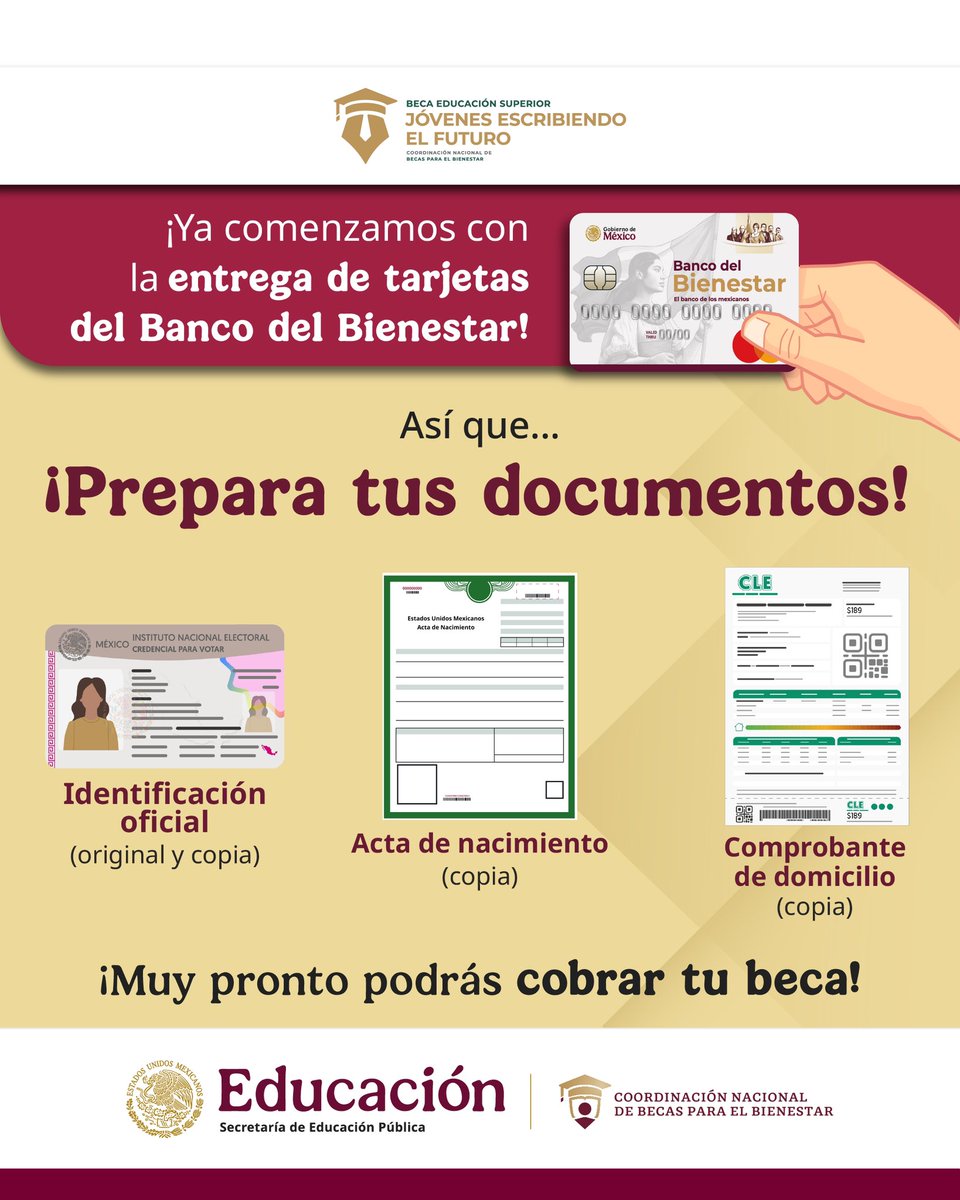 BecasBenito's tweet photo. Aviso para nuestras beneficiarias y beneficiarios de la Beca #JóvenesEscribiendoElFuturo:

Checa cuáles documentos debes tener listos para recibir tu tarjeta del @bbienestarmx 😉💳 https://t.co/Ipfa8hzlye