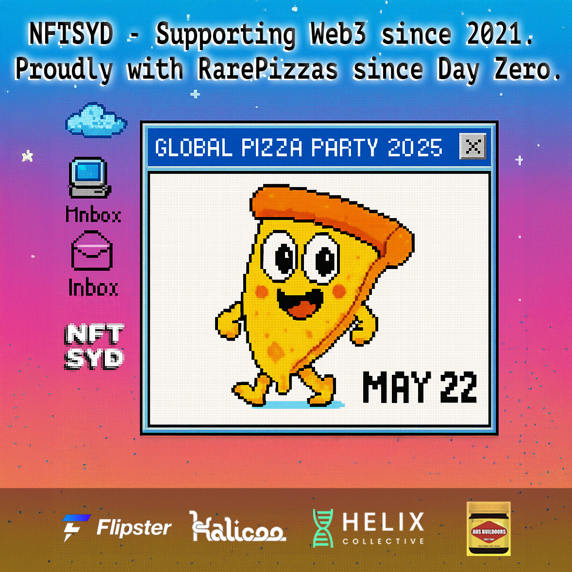 🍕Frenz in Sydney, clear your calendars: 22 May.

<a href="/helixco_/">Helix Collective</a>  x <a href="/NFTSYD/">NFTSYD is NFT SYDNEY 🇦🇺</a>  x <a href="/Pizza_DAO/">PizzaDAO.eth 🍕🏴‍☠️</a>  cooking a slice-of-history IRL.

Builders &amp; local crews → Local Web3 fam? 

Ping us, let’s sauce it up together. 

#BitcoinPizzaDay #globalpizzaparty2025 #globalpizzaparty #nftcommunity