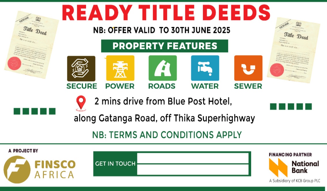 JeffMgg's tweet photo. 400+ Title Deeds issued — and now it gets even better! 🎉
🏡 Special celebration discounts (Phase 1 &amp; 2):
1/8 acre: 3.8M ➔ 3.6M
1/4 acre: 7.3M ➔ 6.9M
1/2 acre: 14M ➔ 13.5M
Financing with @National Bank of Kenya 
#FinscoAfrica #TitleDeeds #nationalbankofkenya
#Book Now https://t.co/FY0EuyIQ1v
