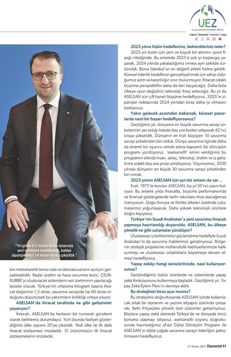 #ASELS 📍 ASELSAN CEO'su Ahmet Akyol: 2030'da dünyanın en büyük 30 savunma sanayi şirketlerinden biri olmak istiyoruz.