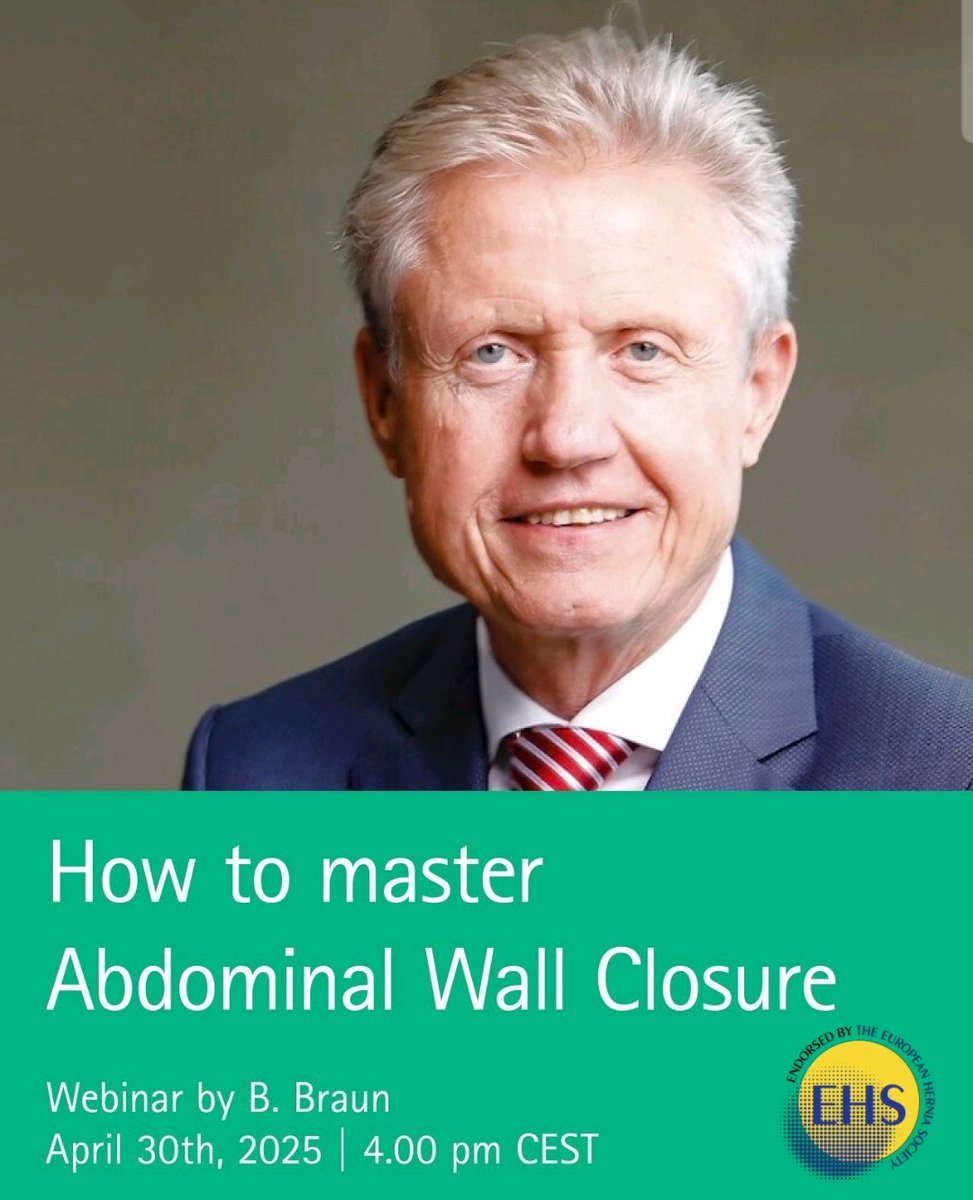 📣 #AWSurgery webinar: 'How to Master Abdominal Wall Closure' by B.Braun

🎙️René Fortelny
✅ Endorsed by the EHS
🗓 30 April 2025 4:00 pm CEST
➡️ bit.ly/3GHZOTX

#HerniaPrevention #SmallBitesTechnique #HerniaSurgery #HerniaFriends #HerniaLearnLive
