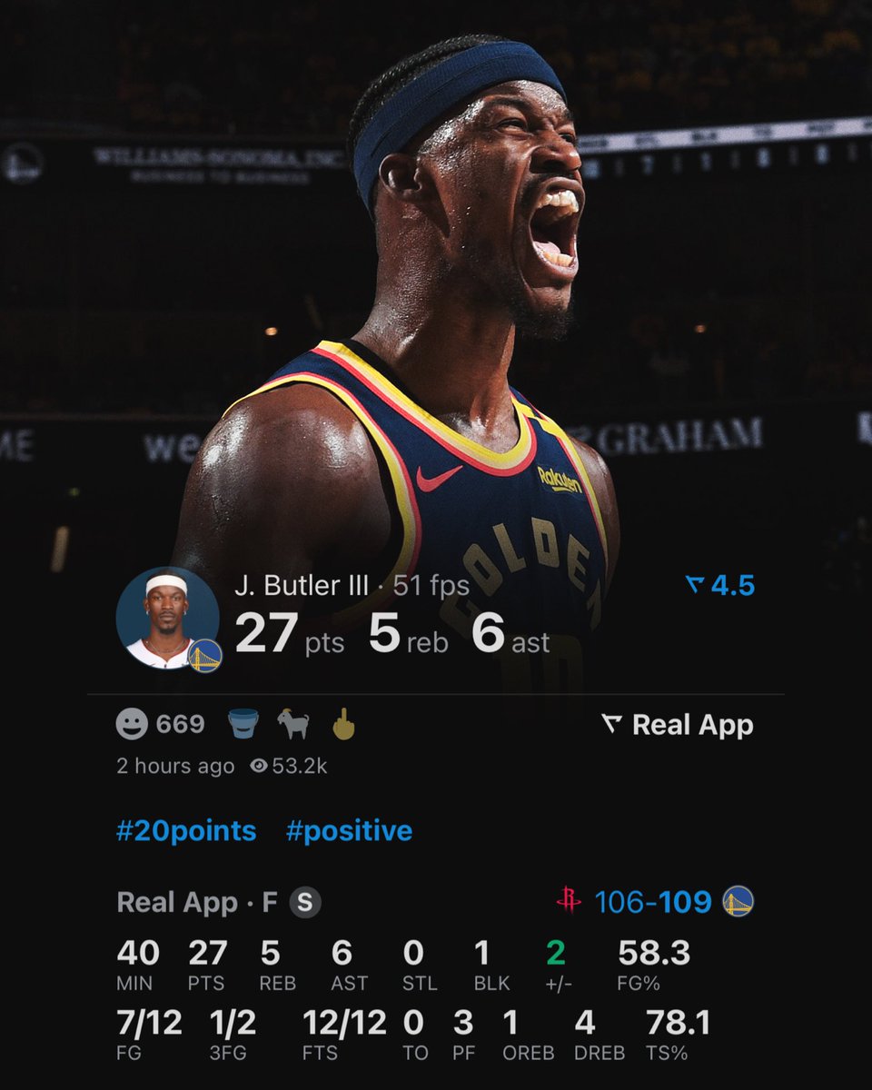 TheDunkCentral's tweet photo. PLAYOFF JIMMY TONIGHT: 

27 POINTS 
5 REBOUNDS 
6 ASSISTS 
58% FG

40 minutes fresh off an injury. WARRIOR 

(Via @realapp ) https://t.co/ycGQRigYhA