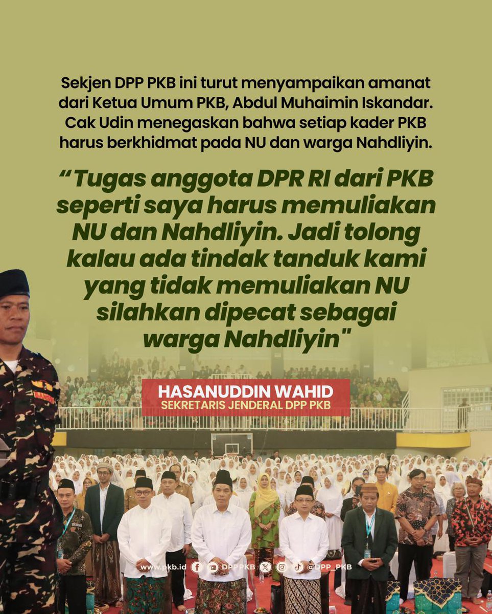 PKB tegaskan khidmat kepada NU dan Nahdliyin adalah tugas utama. Sekjen DPP PKB @emhasanuddin menekankan, kader yang tak memuliakan NU layak dievaluasi.

#Nahdliyyin #BerkhidmatUntukUmat